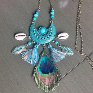 Boho Turquoise Beads Tassels Cowrie Shells Peacock Feather Pendant Necklace New